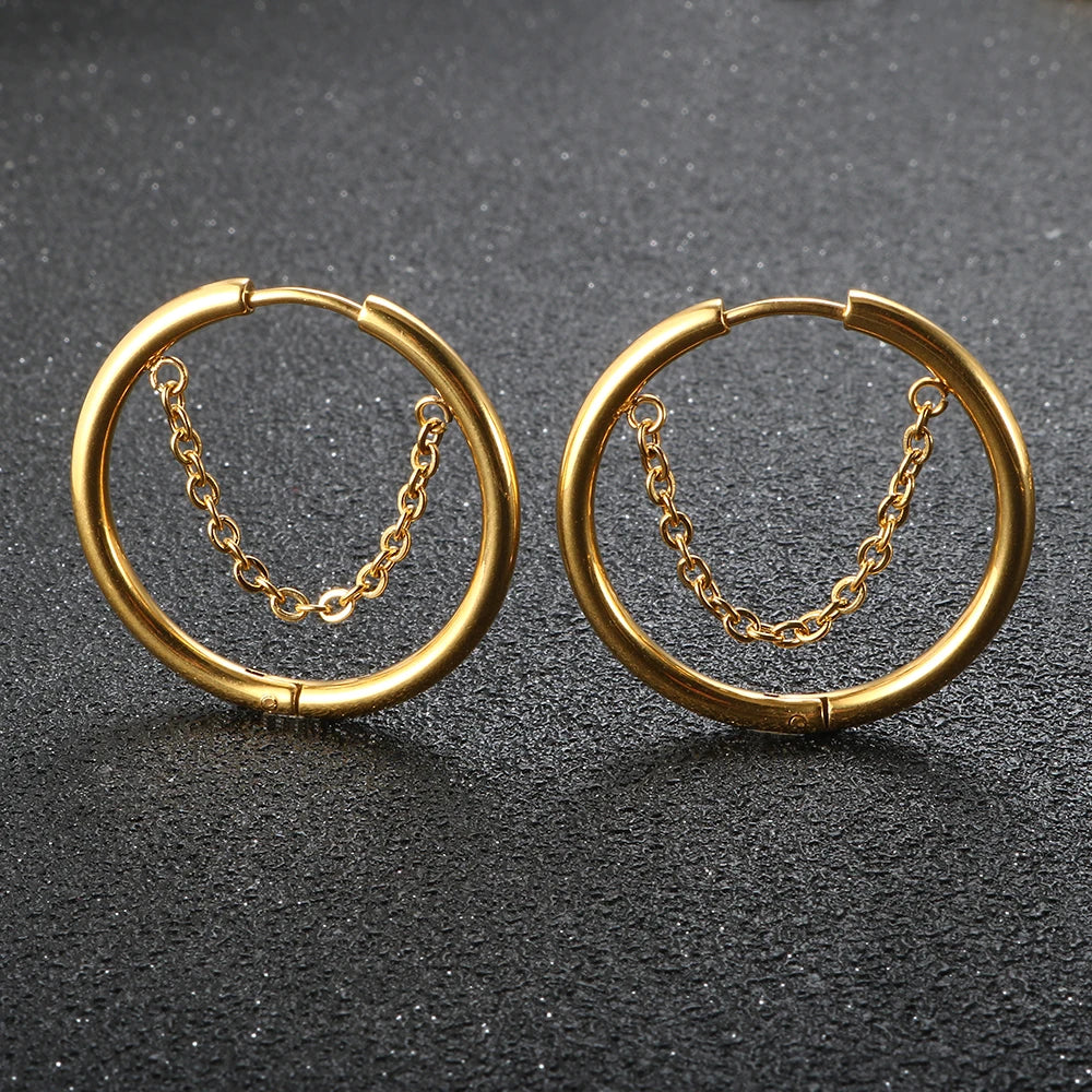 Golden Hoop Earrings with Dangle Chain