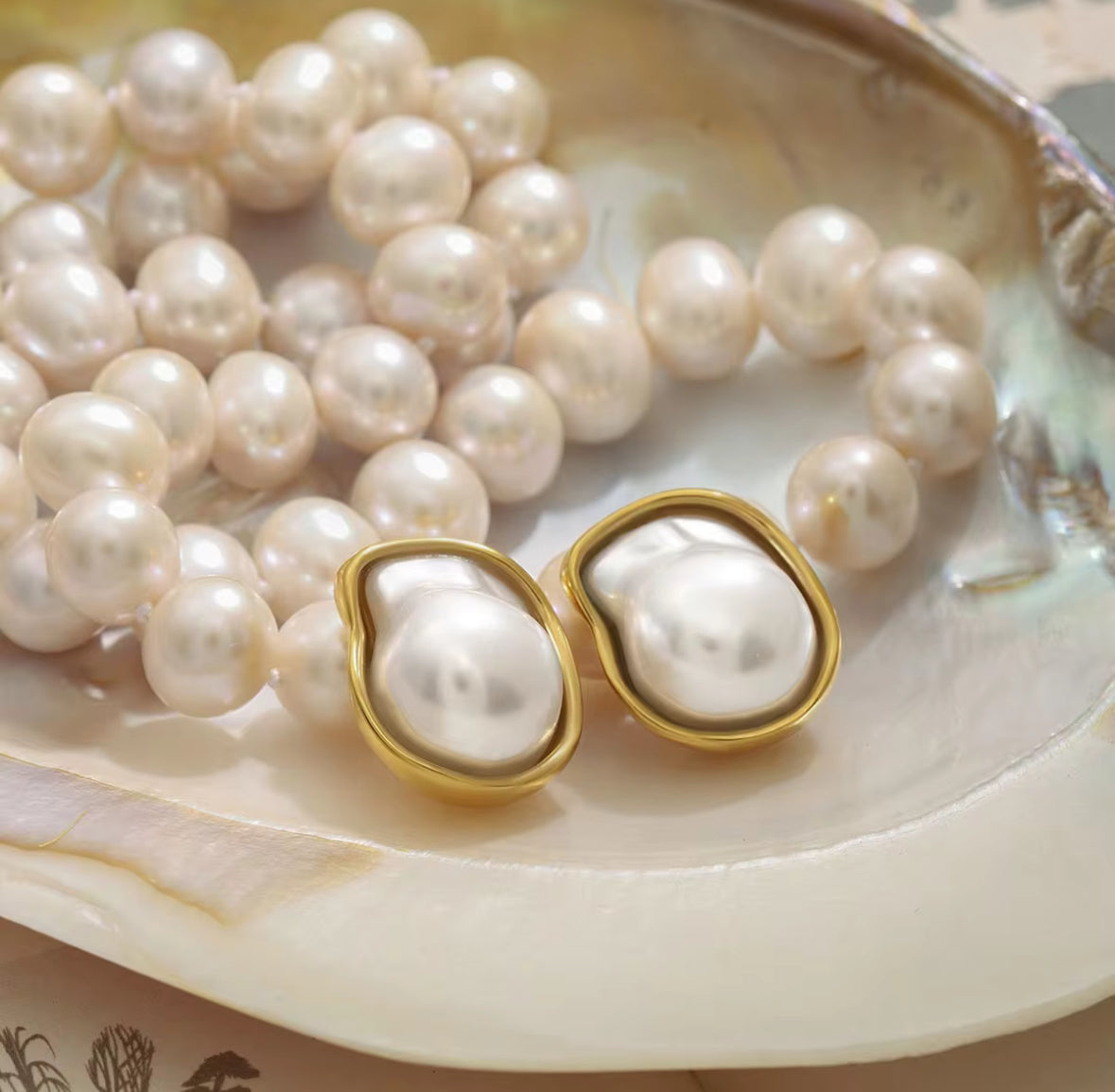 Baroque Pearl Stud Earrings with Golden-Toned