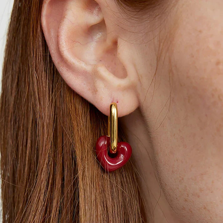 Golden-Toned Hoop Earrings with Red Heart