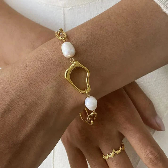 Faye Pearl and Golden Abstract Link Bracelet