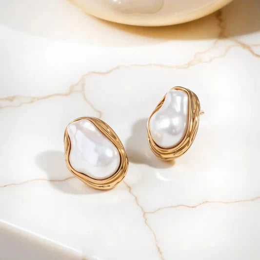Baroque Pearl Stud Earrings with Golden-Toned