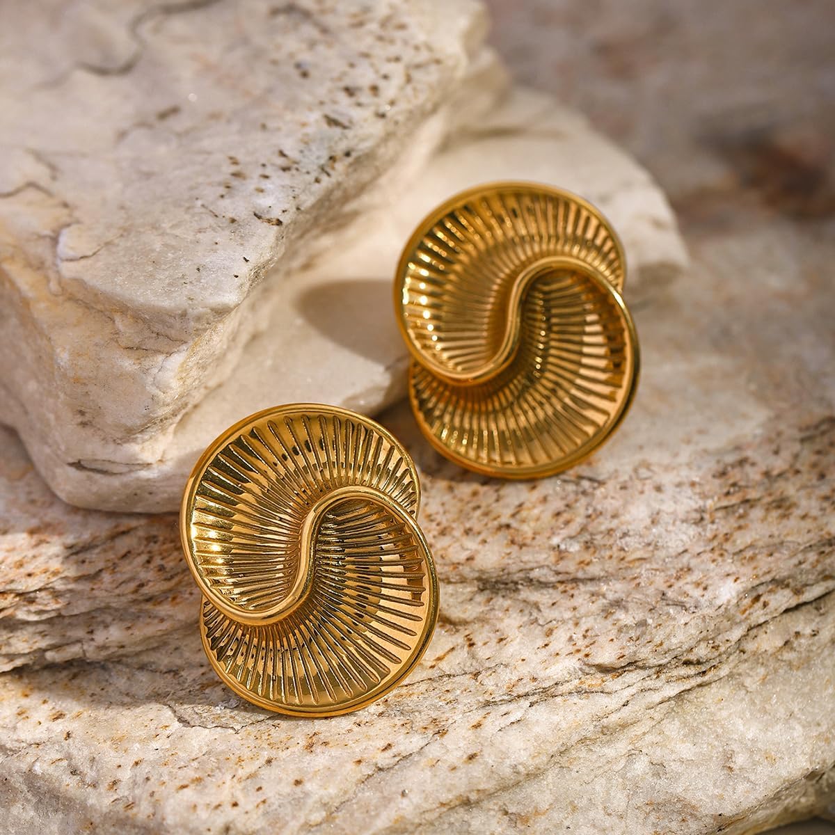 Golden-Toned Spiral Ribbed Stud Earrings