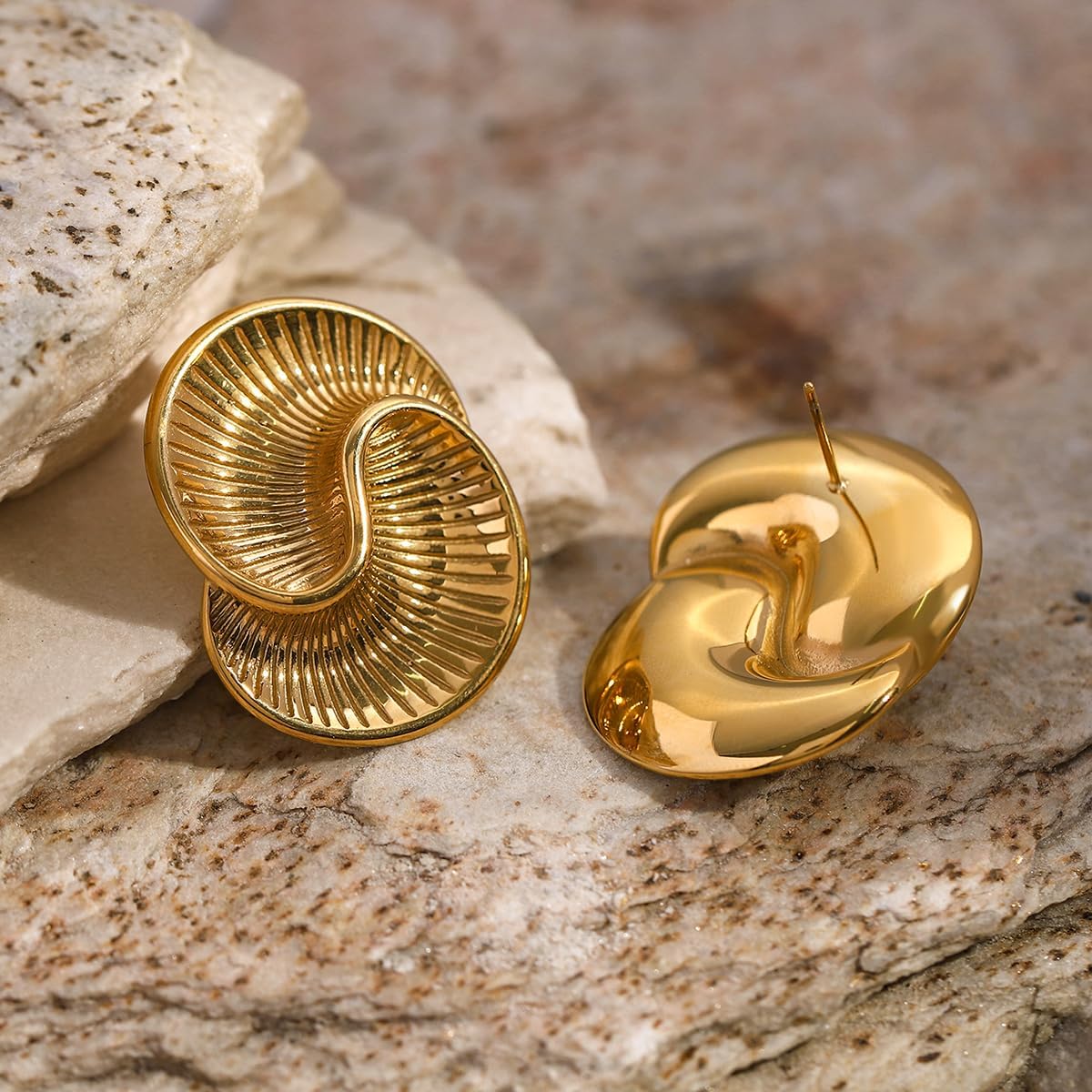 Golden-Toned Spiral Ribbed Stud Earrings