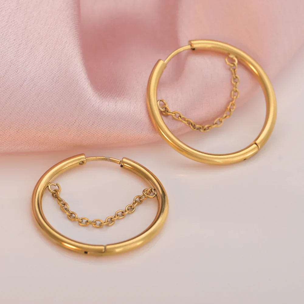 Golden Hoop Earrings with Dangle Chain