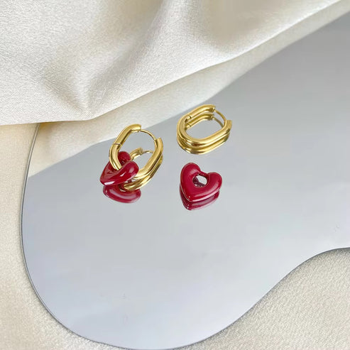 Golden-Toned Hoop Earrings with Red Heart