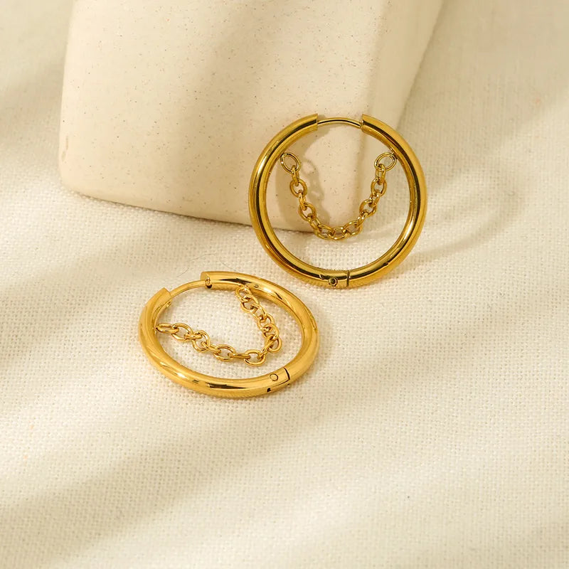 Golden Hoop Earrings with Dangle Chain