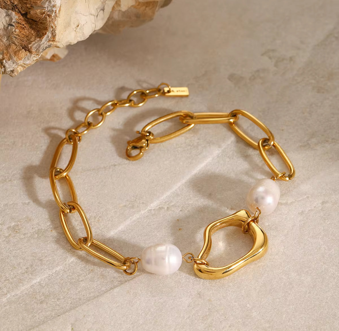 Faye Pearl and Golden Abstract Link Bracelet