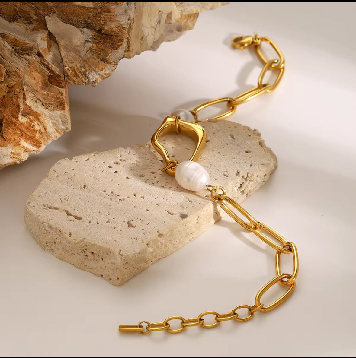 Faye Pearl and Golden Abstract Link Bracelet