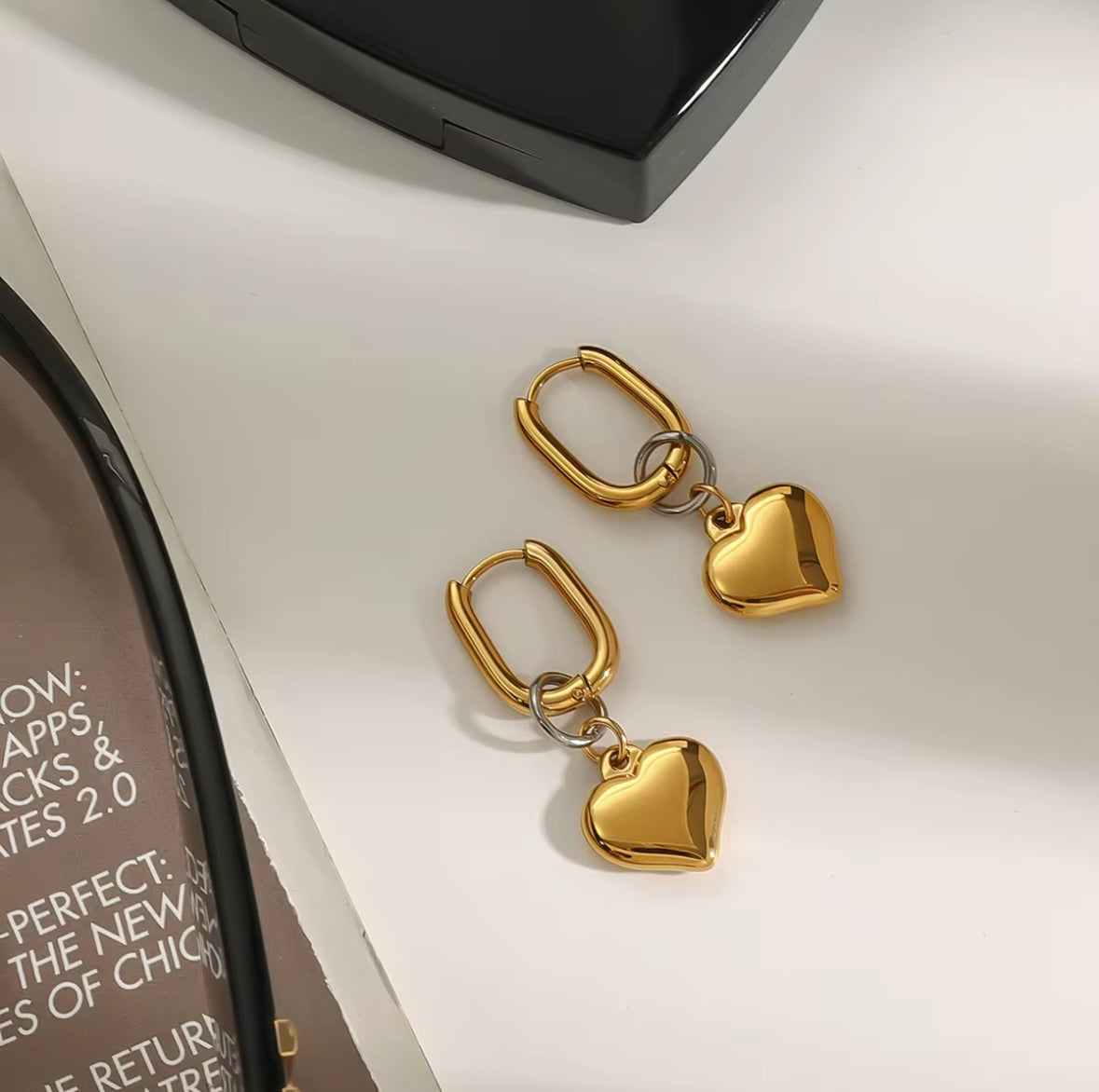 Golden Oval Hoop Earrings with Puffed Heart Charms