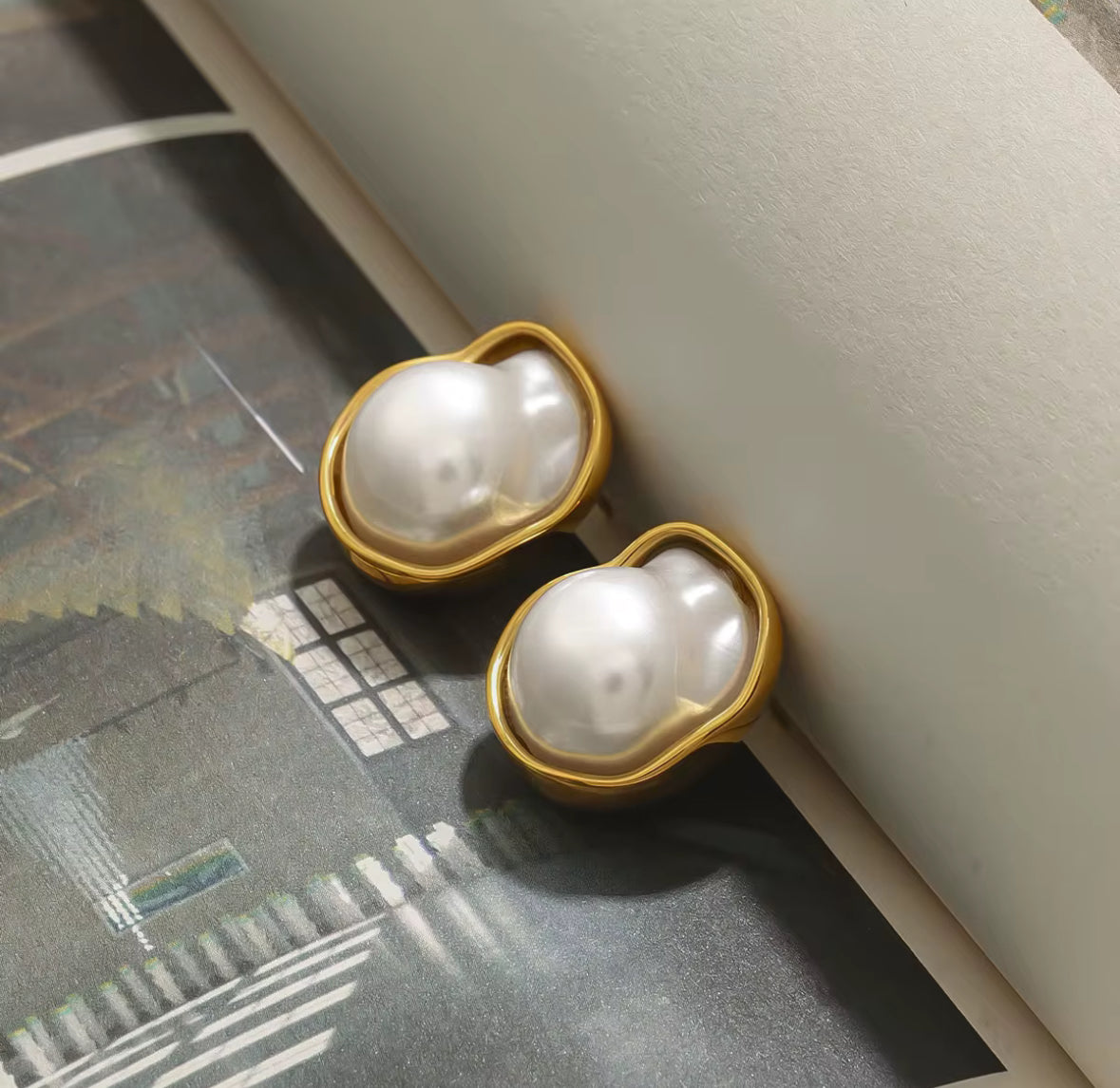 Baroque Pearl Stud Earrings with Golden-Toned