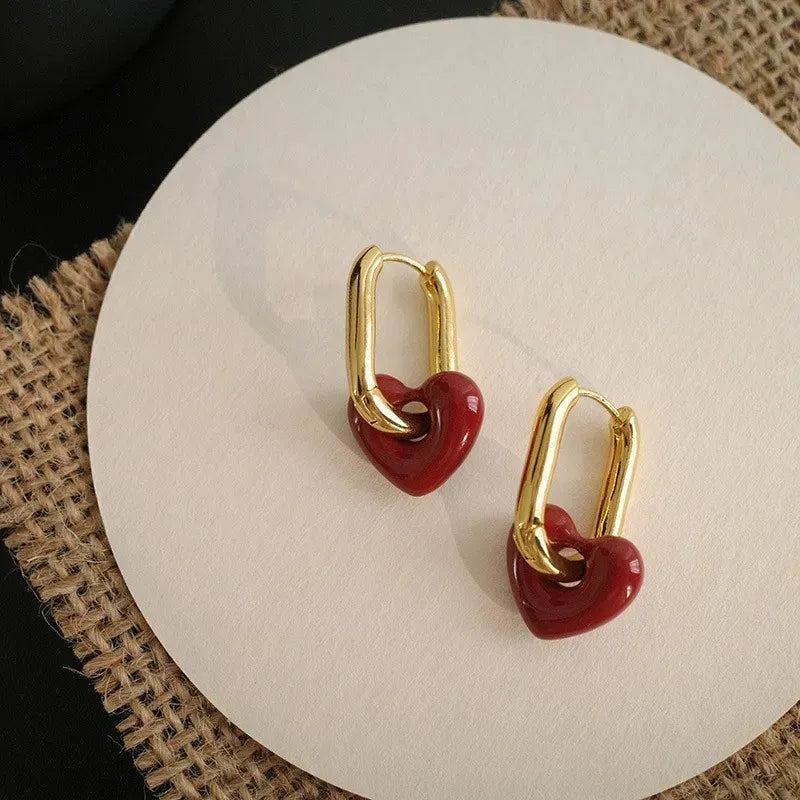 Golden-Toned Hoop Earrings with Red Heart