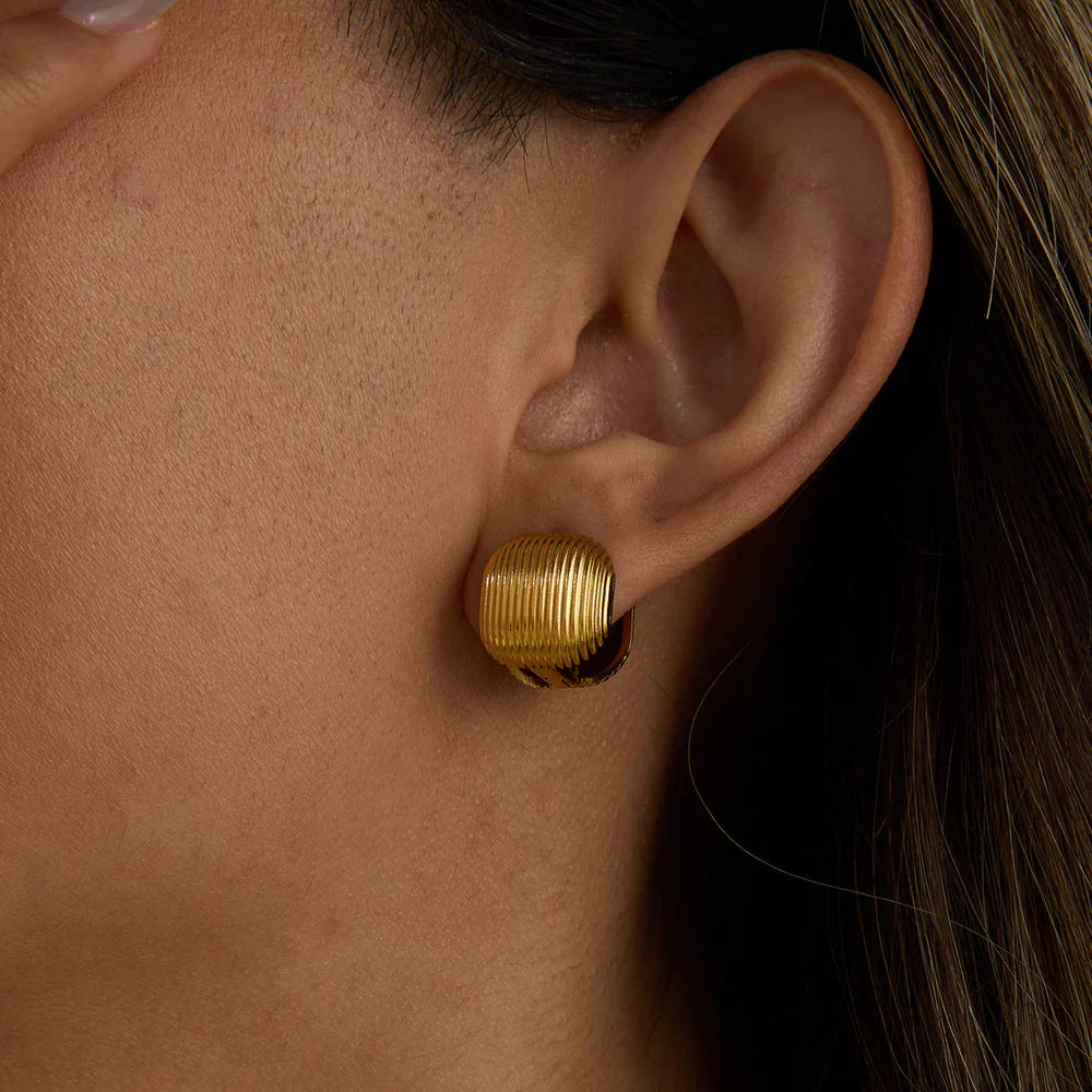 Golden-Toned Ribbed Statement Stud Earrings