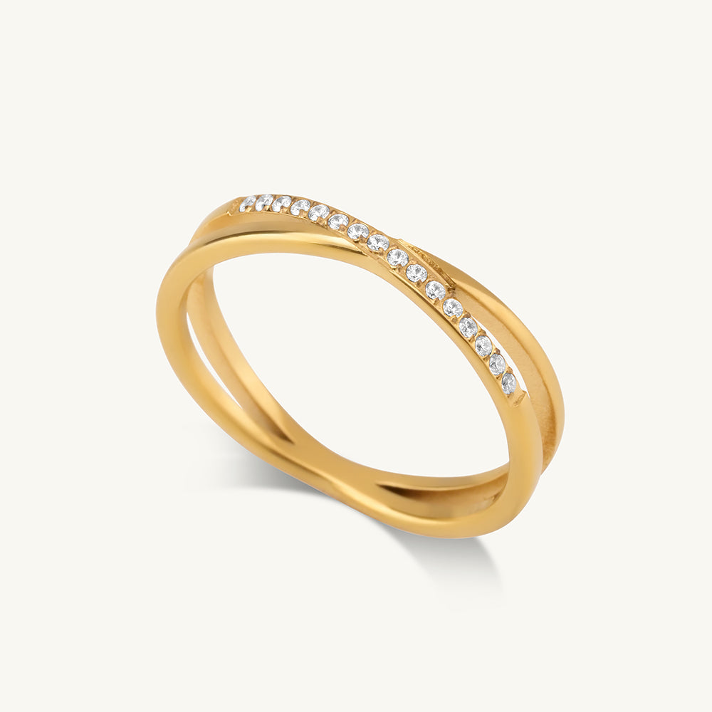 Cross-Over Stones Lined Twist Ring