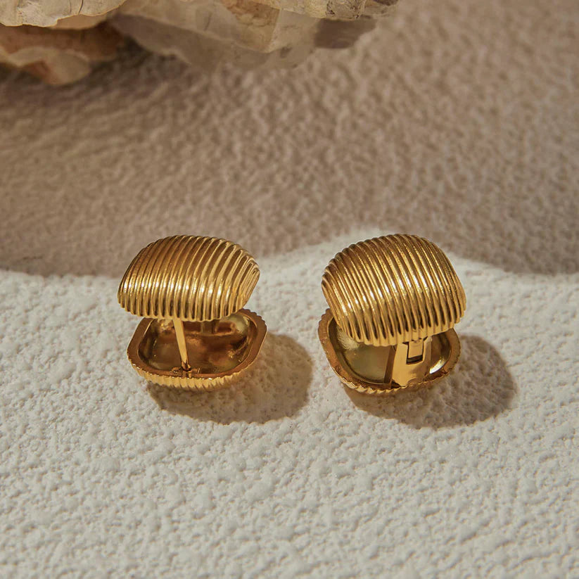 Golden-Toned Ribbed Statement Stud Earrings