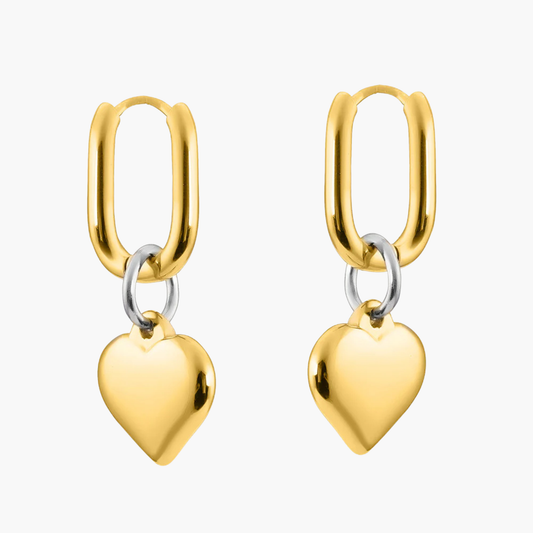 Golden Oval Hoop Earrings with Puffed Heart Charms