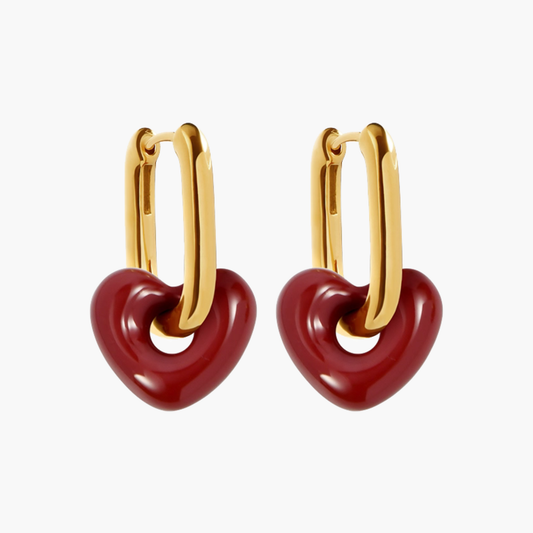 Golden-Toned Hoop Earrings with Red Heart