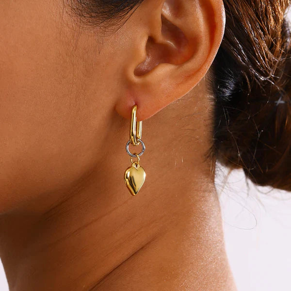 Golden Oval Hoop Earrings with Puffed Heart Charms