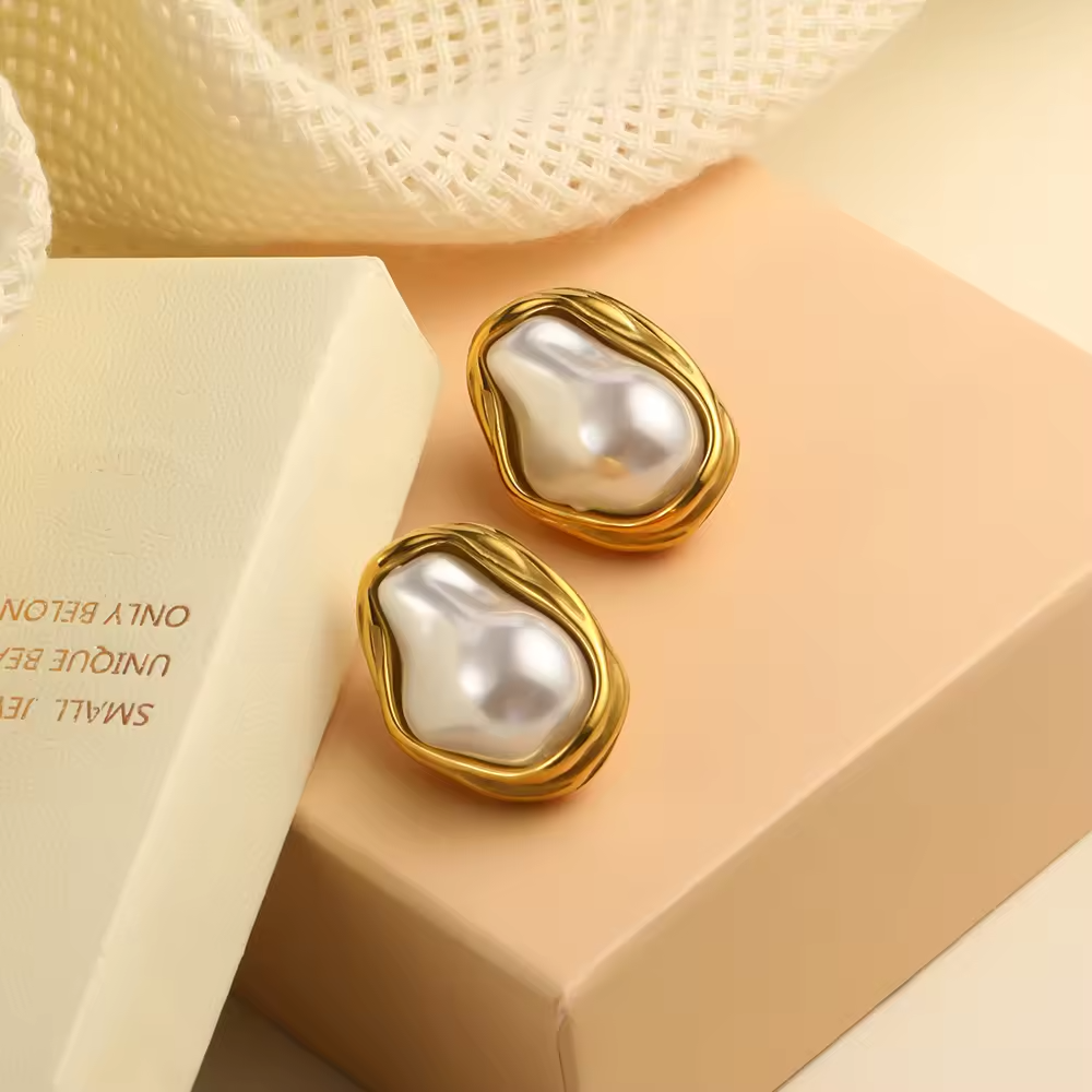 Baroque Pearl Stud Earrings with Golden-Toned