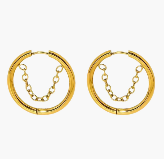 Golden Hoop Earrings with Dangle Chain