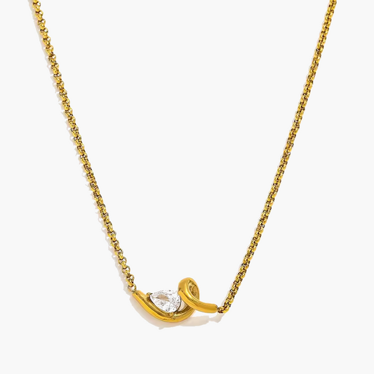 Golden Abstract Ribbon Necklace with Pear-Cut Stone